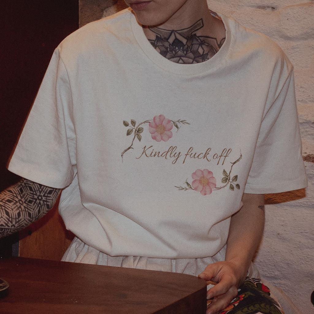 Model wearing kindly fuck off unisex tshirt.